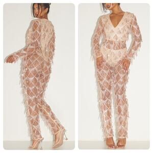 PrettyLittleThing Rose Gold Sequin Tassel Sheer Jumpsuit Women’s US Size 12 NEW